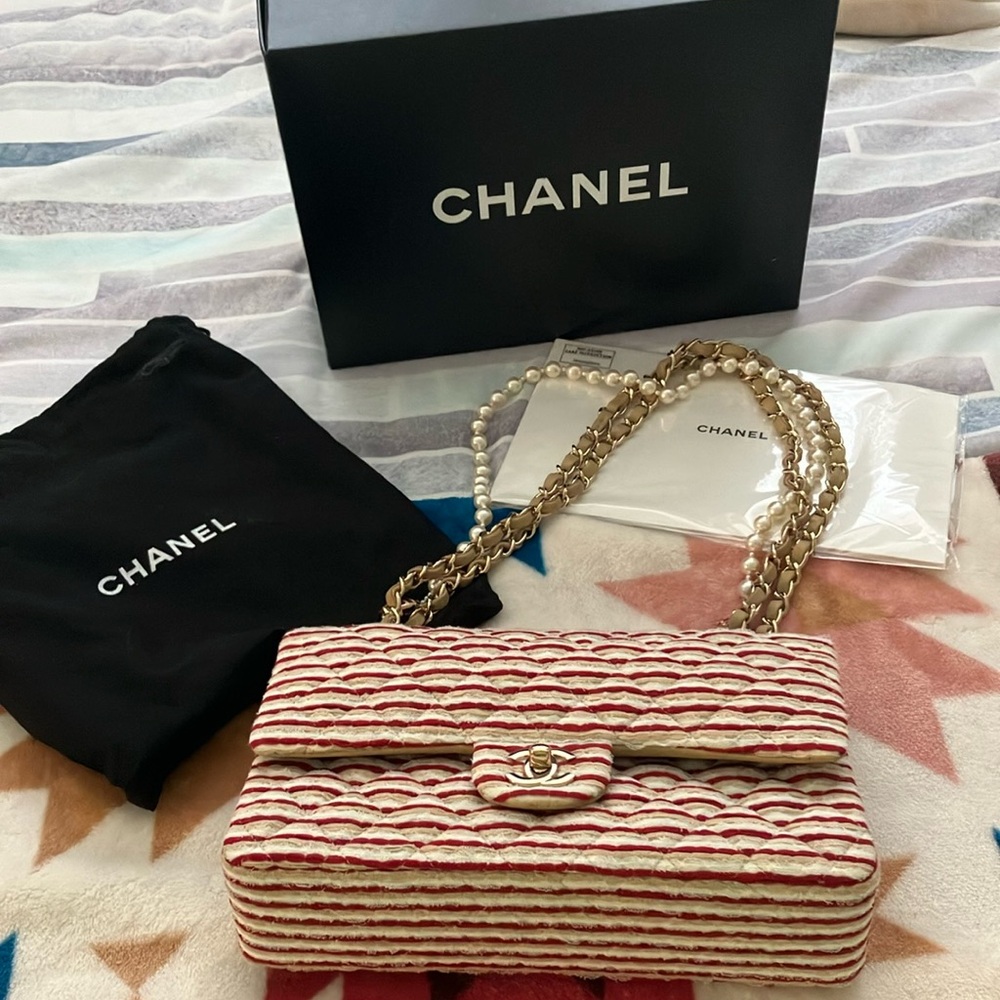 Chanel Classic Beige & red Striped Double Flap Bag 2014